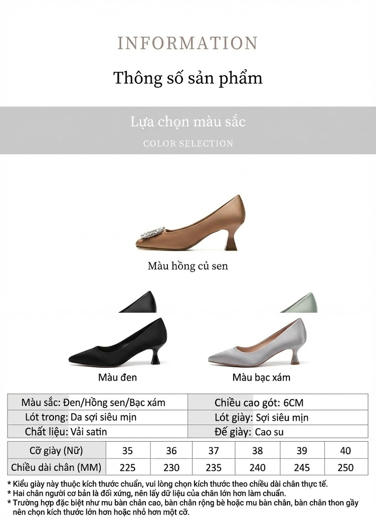 Giày Cao Gót Nữ Mũi Vuông Đính Đá Chiều Cao Đế Khoảng 5cm Màu Đen, Nâu, Xanh chi tiết 2