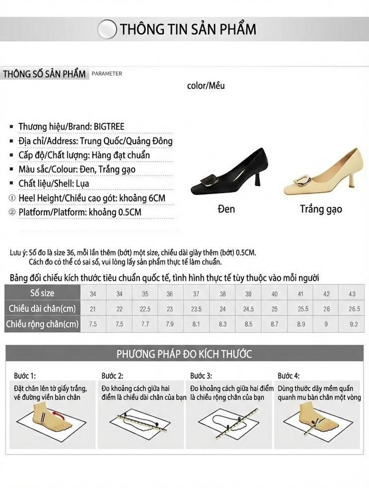 Giày Cao Gót Nữ Mũi Vuông Khóa Kim Loại Chiều Cao Đế Khoảng 4cm Màu Kem, Đen chi tiết 1