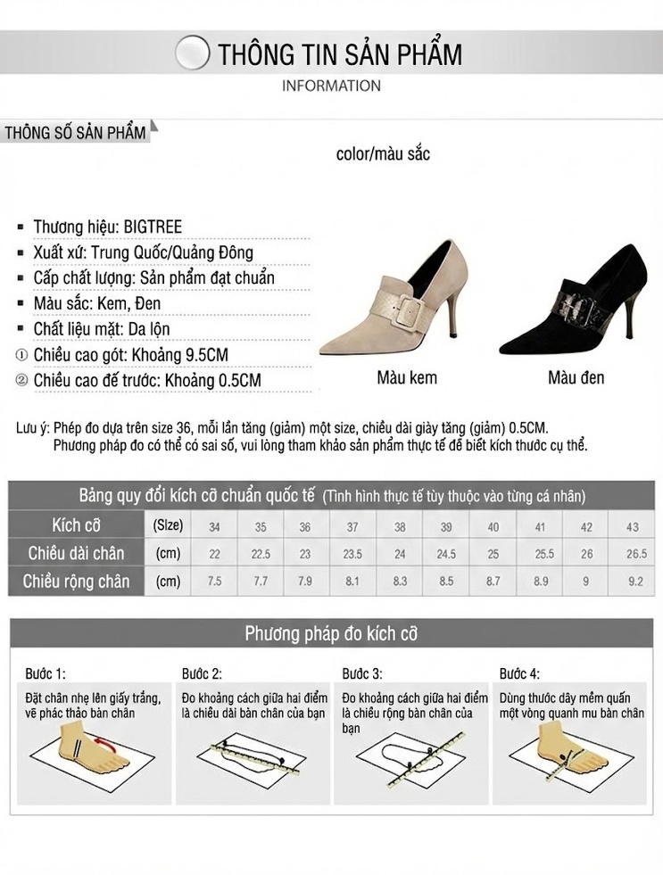 Giày Cao Gót Nữ Nỉ Chiều Cao Đế Khoảng 7cm Mũi Nhọn Quai Ngang Khóa Thắt Lưng Màu Đen, Kem chi tiết 1