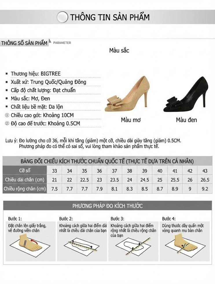 Giày Cao Gót Nữ Nỉ Chiều Cao Đế Khoảng 8cm Mũi Nhọn Đính Nơ Màu Đen, Kem chi tiết 1