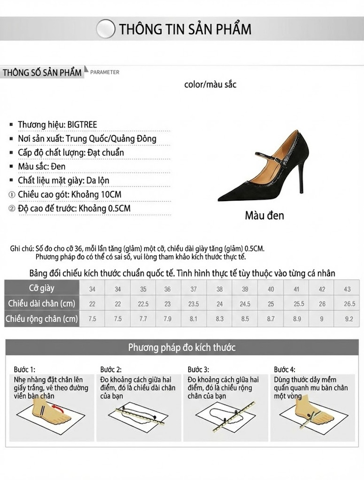 Giày Cao Gót Nữ Nỉ Chiều Cao Đế Khoảng 8cm Mũi Nhọn Quai Ngang Màu Đen chi tiết 1