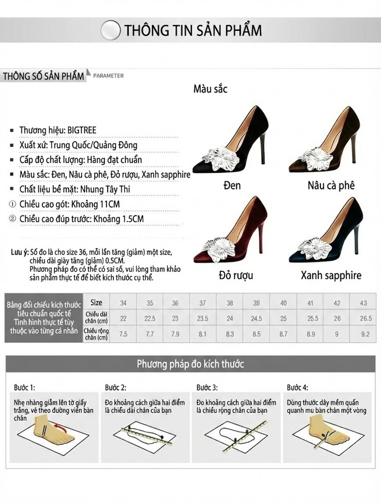 Giày Cao Gót Nữ Nỉ Chiều Cao Đế Khoảng 8cm Quai Hoa Màu Đen, Nâu, Đỏ, Xanh... chi tiết 1