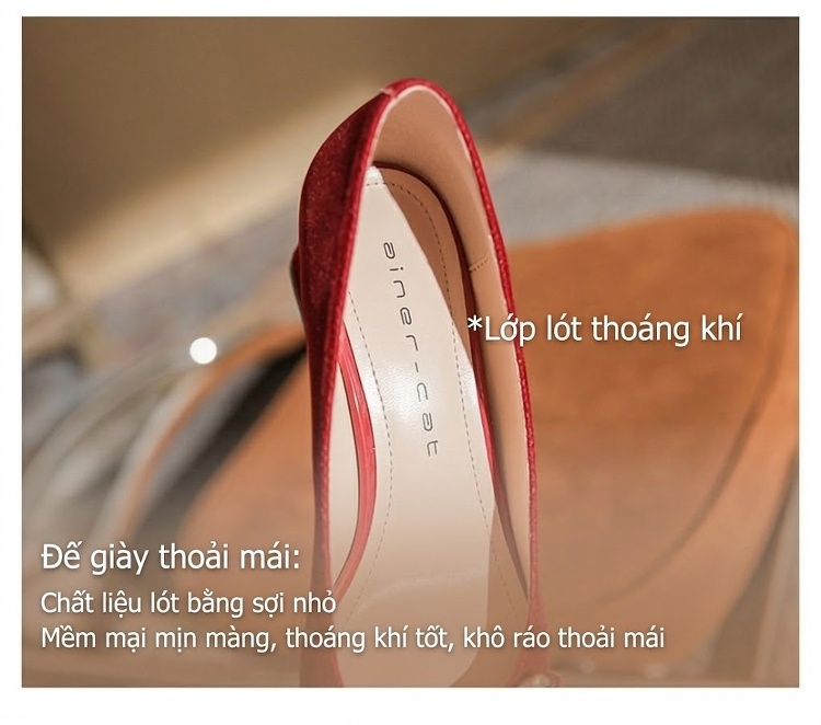 Giày Cao Gót Nữ Nỉ Gót Vuông Chiều Cao Đế Khoảng 5cm Đính Đá Hình Nơ Màu Đỏ chi tiết 8
