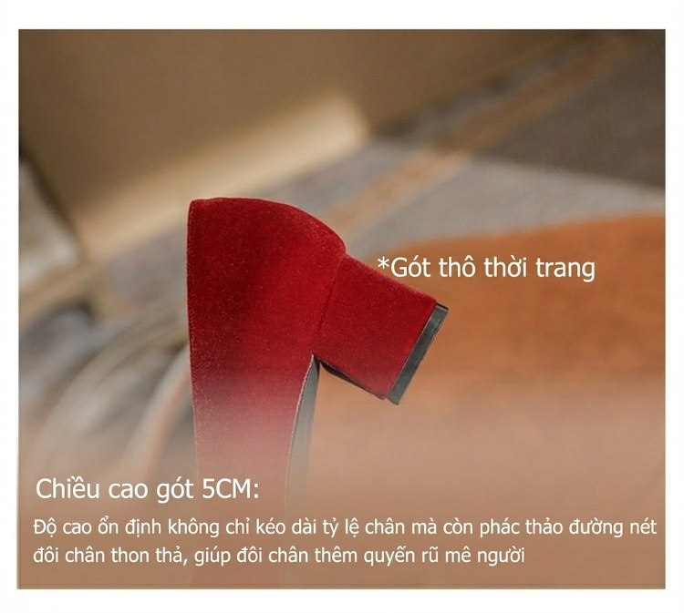 Giày Cao Gót Nữ Nỉ Gót Vuông Chiều Cao Đế Khoảng 5cm Đính Đá Hình Nơ Màu Đỏ chi tiết 9