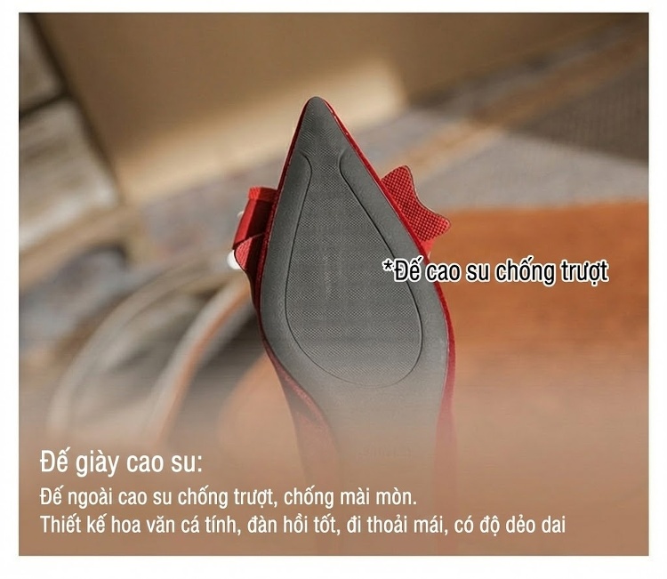 Giày Cao Gót Nữ Nỉ Gót Vuông Chiều Cao Đế Khoảng 5cm Đính Đá Hình Nơ Màu Đỏ chi tiết 10