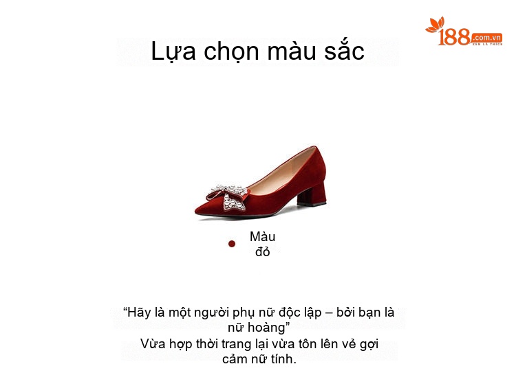 Giày Cao Gót Nữ Nỉ Gót Vuông Chiều Cao Đế Khoảng 5cm Đính Đá Hình Nơ Màu Đỏ chi tiết 3