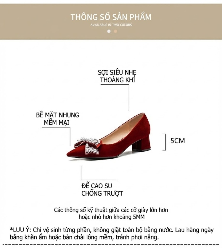 Giày Cao Gót Nữ Nỉ Gót Vuông Chiều Cao Đế Khoảng 5cm Đính Đá Hình Nơ Màu Đỏ chi tiết 4