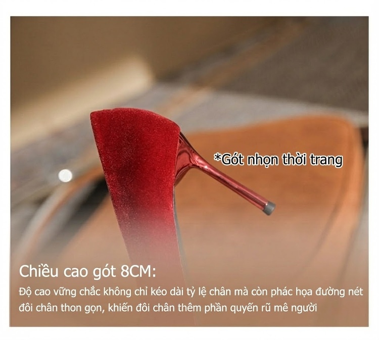 Giày Cao Gót Nữ Nỉ Mũi Nhọn Chiều Cao Đế 8cm Màu Đỏ chi tiết 10
