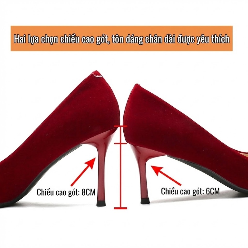Giày Cao Gót Nữ Nỉ Mũi Nhọn Chiều Cao Đế 8cm Màu Đỏ