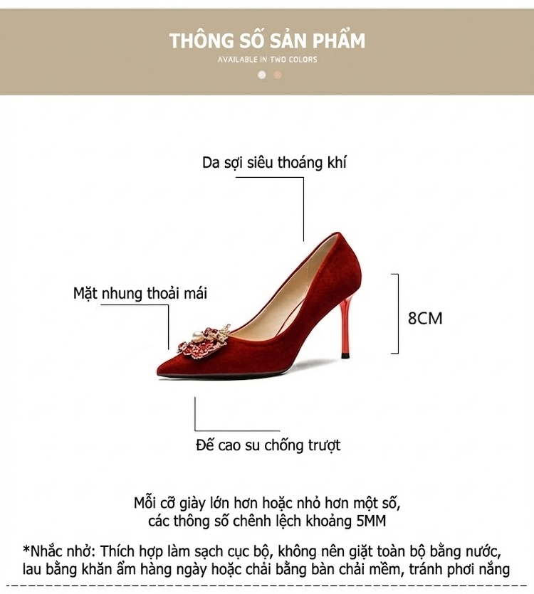 Giày Cao Gót Nữ Nỉ Mũi Nhọn Chiều Cao Đế 8cm Màu Đỏ chi tiết 4