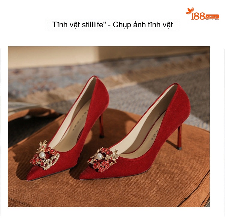 Giày Cao Gót Nữ Nỉ Mũi Nhọn Chiều Cao Đế 8cm Màu Đỏ chi tiết 18