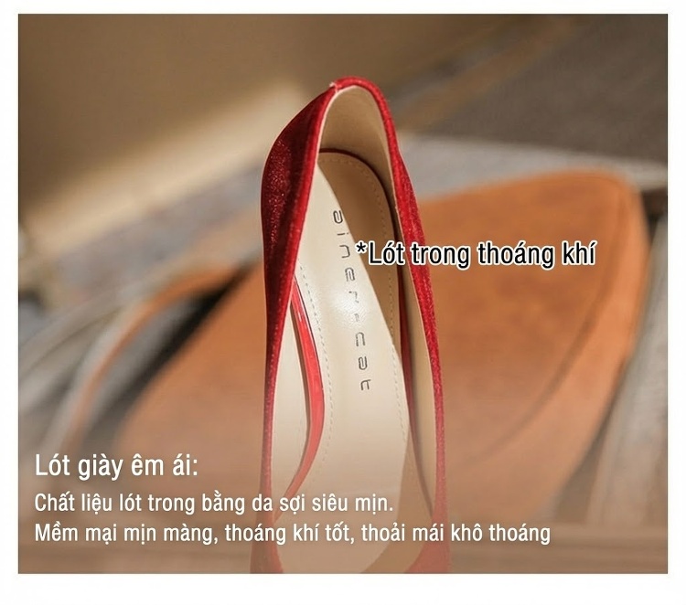 Giày Cao Gót Nữ Nỉ Mũi Nhọn Chiều Cao Đế 8cm Màu Đỏ chi tiết 9