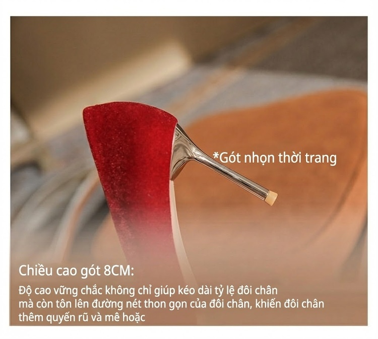 Giày Cao Gót Nữ Nỉ Mũi Nhọn Chiều Cao Đế 8cm Màu Đỏ chi tiết 10