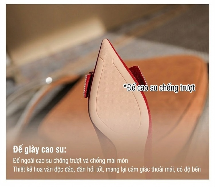 Giày Cao Gót Nữ Nỉ Mũi Nhọn Chiều Cao Đế 8cm Màu Đỏ chi tiết 11