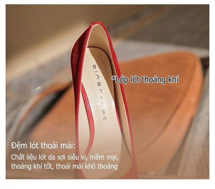 Giày Cao Gót Nữ Nỉ Mũi Nhọn Chiều Cao Đế 8cm Quai Hậu Dự Tiệc Màu Đỏ chi tiết 9