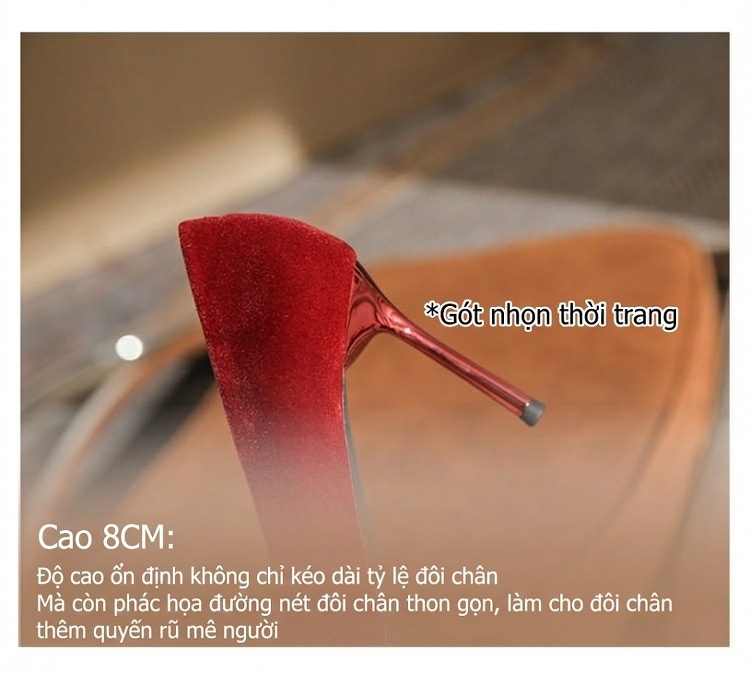 Giày Cao Gót Nữ Nỉ Mũi Nhọn Chiều Cao Đế 8cm Quai Hậu Dự Tiệc Màu Đỏ chi tiết 10