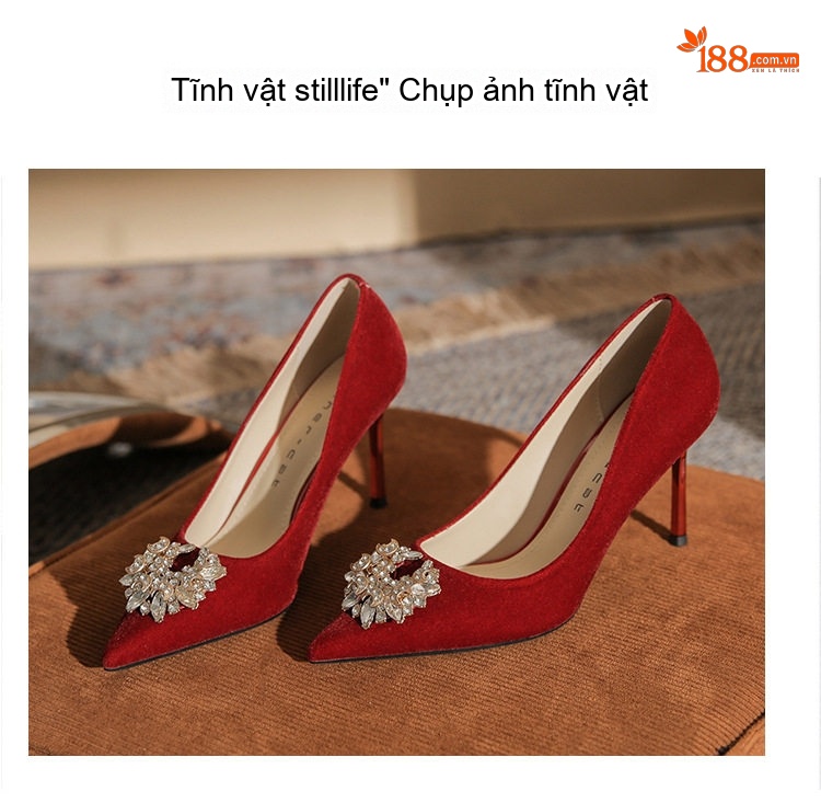 Giày Cao Gót Nữ Nỉ Mũi Nhọn Chiều Cao Đế 8cm Quai Hậu Dự Tiệc Màu Đỏ chi tiết 18
