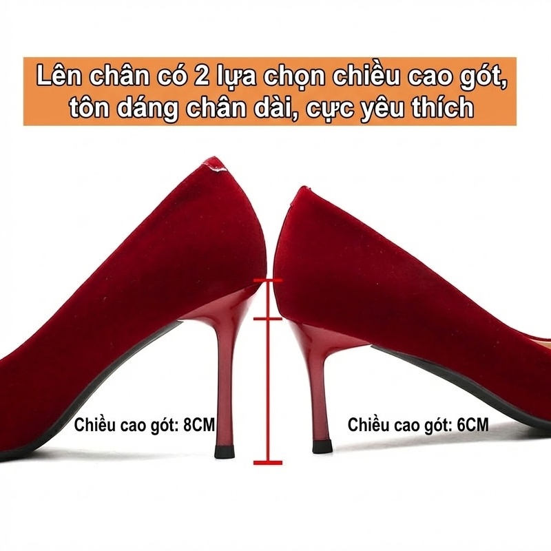 Giày Cao Gót Nữ Nỉ Mũi Nhọn Chiều Cao Đế 8cm Quai Hậu Dự Tiệc Màu Đỏ