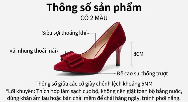 Giày Cao Gót Nữ Nỉ Mũi Nhọn Chiều Cao Đế 8cm Quai Hậu Dự Tiệc Màu Đỏ chi tiết 4