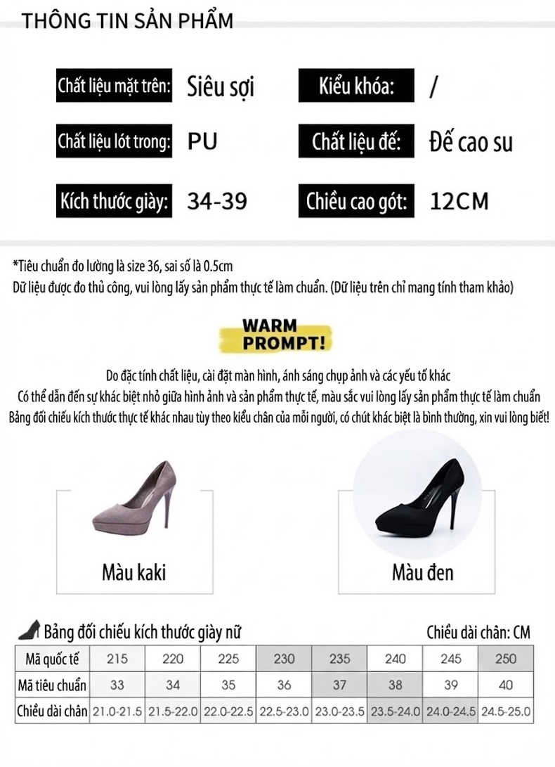 Giày Cao Gót Nữ Nỉ Mũi Nhọn Chiều Cao Đế Khoảng 10cm Màu Đen, Nâu chi tiết 10