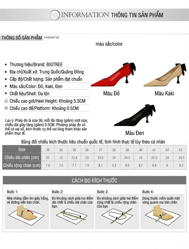 Giày Cao Gót Nữ Nỉ Mũi Nhọn Chiều Cao Đế Khoảng 5cm Quai Nơ Màu Đen, Đỏ, Nude chi tiết 1