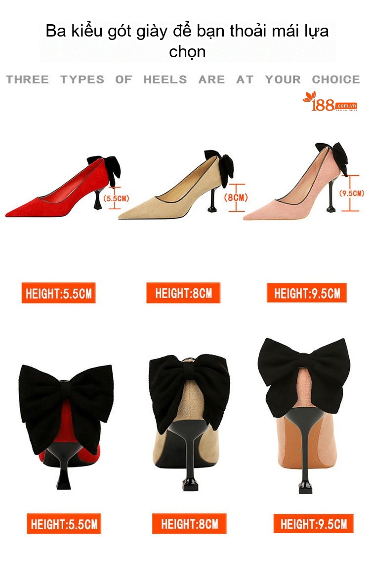 Giày Cao Gót Nữ Nỉ Mũi Nhọn Chiều Cao Đế Khoảng 5cm Quai Nơ Màu Đen, Đỏ, Nude chi tiết 2