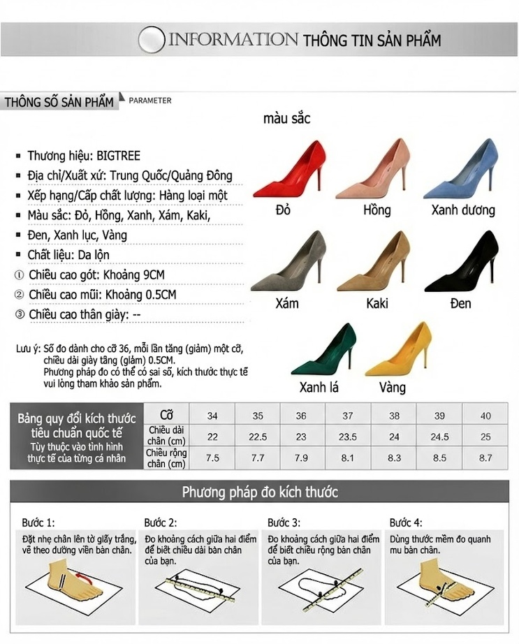 Giày Cao Gót Nữ Nỉ Mũi Nhọn Chiều Cao Đế Khoảng 7cm Màu Đen, Đỏ, Vàng, Xám... chi tiết 1