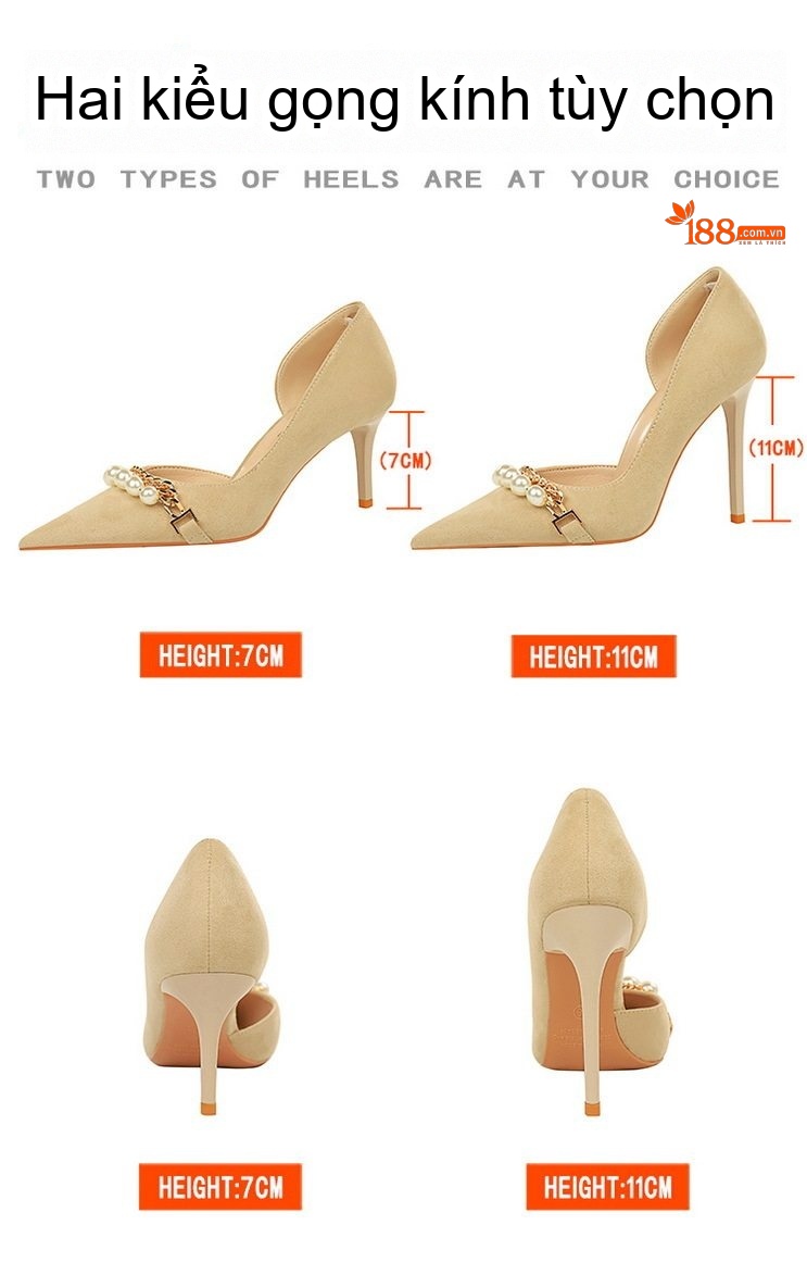 Giày Cao Gót Nữ Nỉ Mũi Nhọn Chiều Cao Đế Khoảng 7cm Quai Ngọc Trai Màu Đen, Kem chi tiết 2
