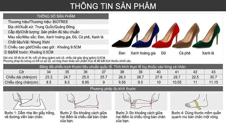 Giày Cao Gót Nữ Nỉ Mũi Nhọn Chiều Cao Đế Khoảng 8cm Màu Đen, Đỏ, Xanh Lá, Xanh Dương... chi tiết 1