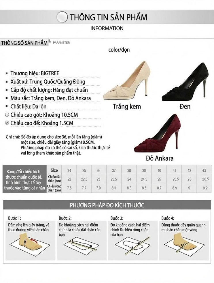 Giày Cao Gót Nữ Nỉ Mũi Nhọn Chiều Cao Đế Khoảng 8cm Thiết Kế Nơ Màu Đen, Đỏ Rượu, Kem chi tiết 1