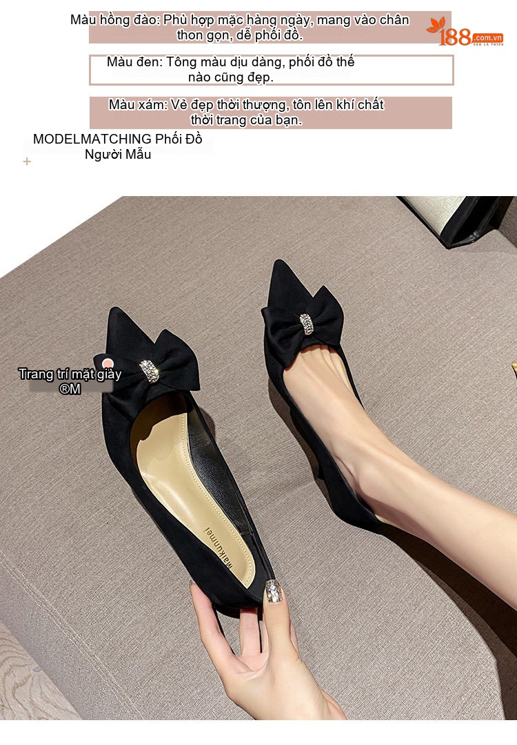 Giày Cao Gót Nữ Nỉ Mũi Nhọn Công Sở Chiều Cao Đế Khoảng 5cm Màu Đen, Kem chi tiết 4