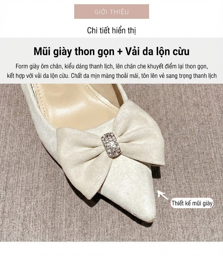 Giày Cao Gót Nữ Nỉ Mũi Nhọn Công Sở Chiều Cao Đế Khoảng 5cm Màu Đen, Kem chi tiết 6