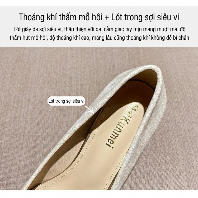 Giày Cao Gót Nữ Nỉ Mũi Nhọn Công Sở Chiều Cao Đế Khoảng 5cm Màu Đen, Kem chi tiết 7