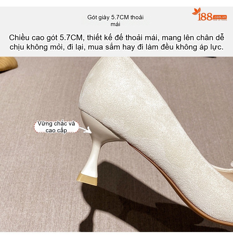 Giày Cao Gót Nữ Nỉ Mũi Nhọn Công Sở Chiều Cao Đế Khoảng 5cm Màu Đen, Kem chi tiết 8
