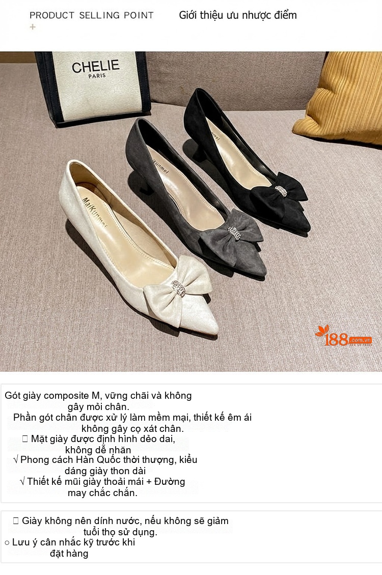 Giày Cao Gót Nữ Nỉ Mũi Nhọn Công Sở Chiều Cao Đế Khoảng 5cm Màu Đen, Kem chi tiết 5