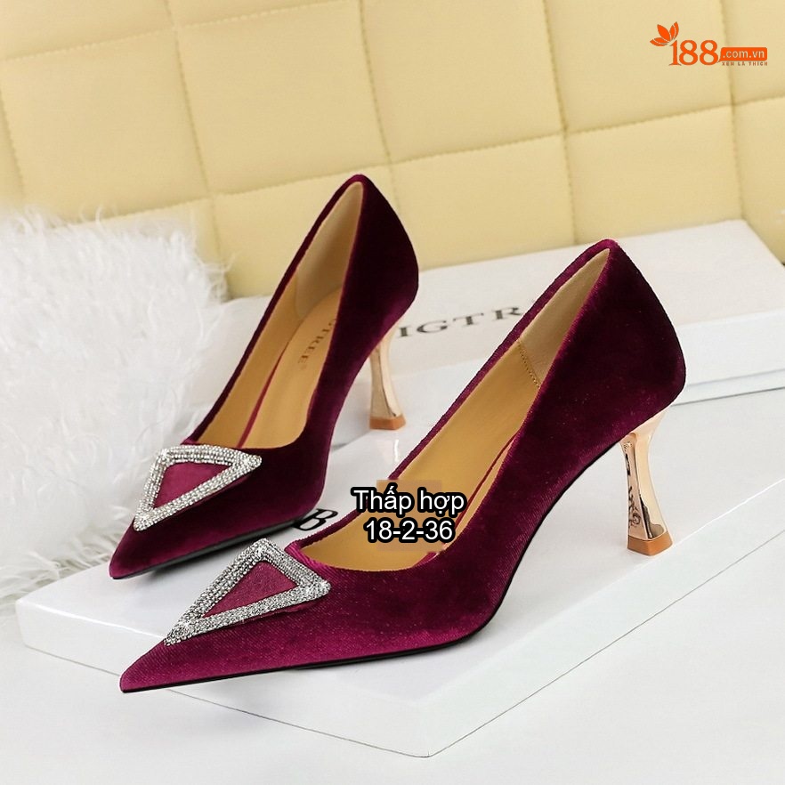 Giày Cao Gót Nữ Nỉ Mũi Nhọn Đính Đá Chiều Cao Đế Khoảng 6cm Màu Đen, Đỏ Rượu, Xanh Lá, Hồng