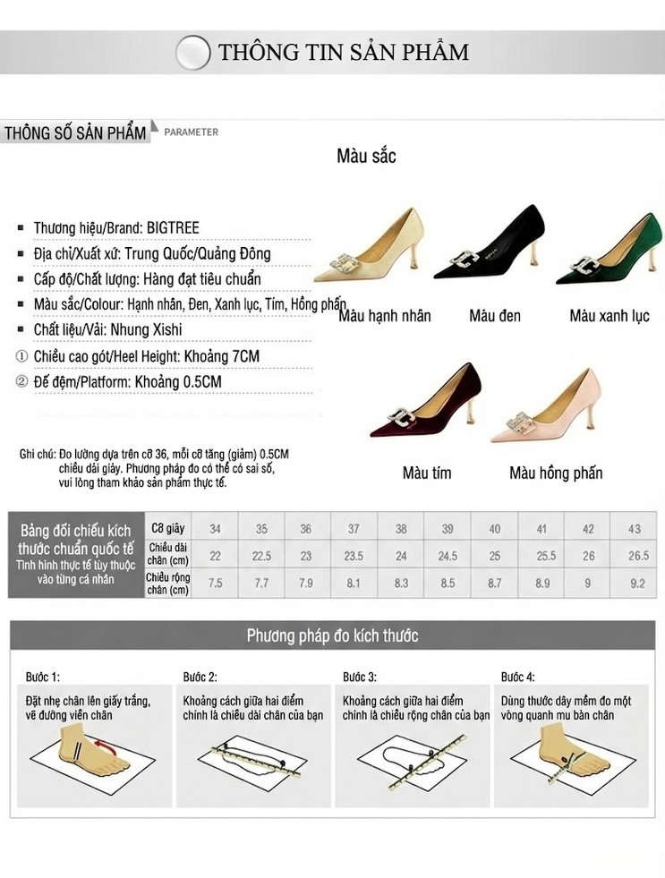 Giày Cao Gót Nữ Nỉ Mũi Nhọn Đính Đá Chiều Cao Đế Khoảng 7cm Màu Đỏ Rượu, Xanh Lá, Đen, Hồng chi tiết 1