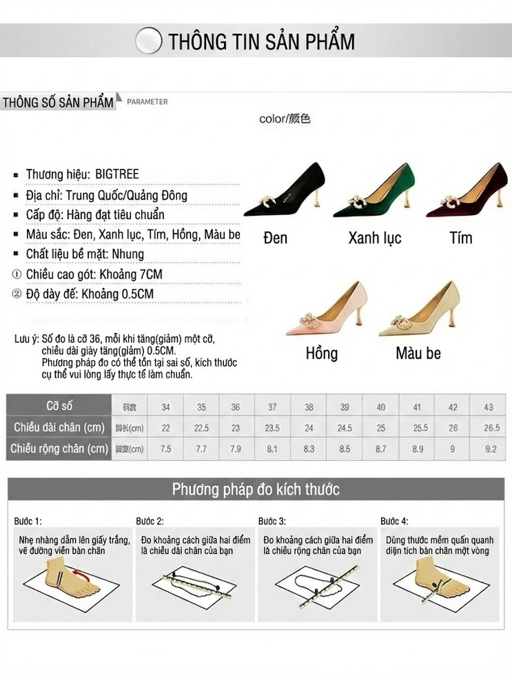 Giày Cao Gót Nữ Nỉ Mũi Nhọn Đính Hạt Chiều Cao Đế Khoảng 6cm Màu Đen, Đỏ Rượu, Xanh Lá, Kem... chi tiết 1