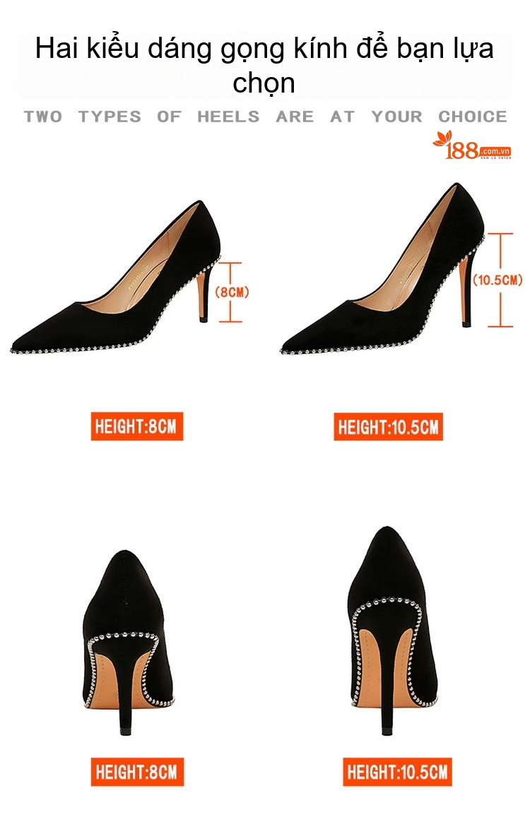 Giày Cao Gót Nữ Nỉ Mũi Nhọn Đính Hạt Chiều Cao Đế Khoảng 6cm Màu Đen, Nâu chi tiết 2