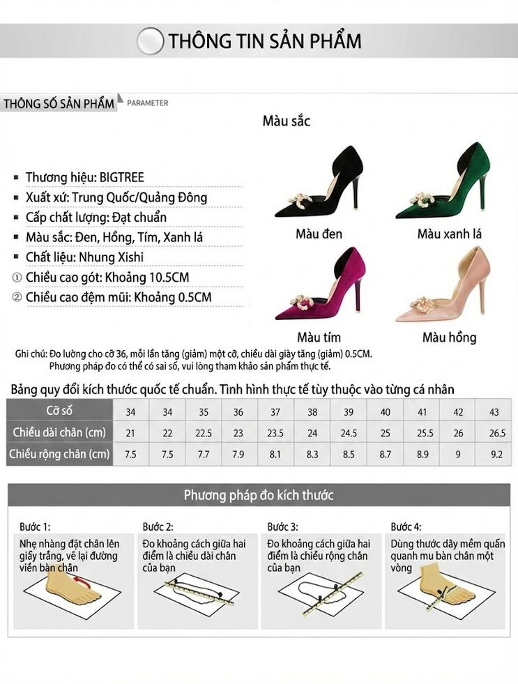 Giày Cao Gót Nữ Nỉ Mũi Nhọn Hở Bên Hông Chiều Cao Đế Khoảng 7cm Đính Cườm, Nơ Màu Đen, Xanh Lá, Hồng, Kem chi tiết 1