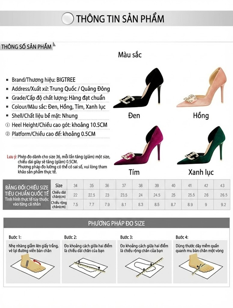 Giày Cao Gót Nữ Nỉ Mũi Nhọn Khoét Hông Chiều Cao Đế Khoảng 7cm Đính Đá Màu Đen, Hồng, Xanh Lá, Be chi tiết 1