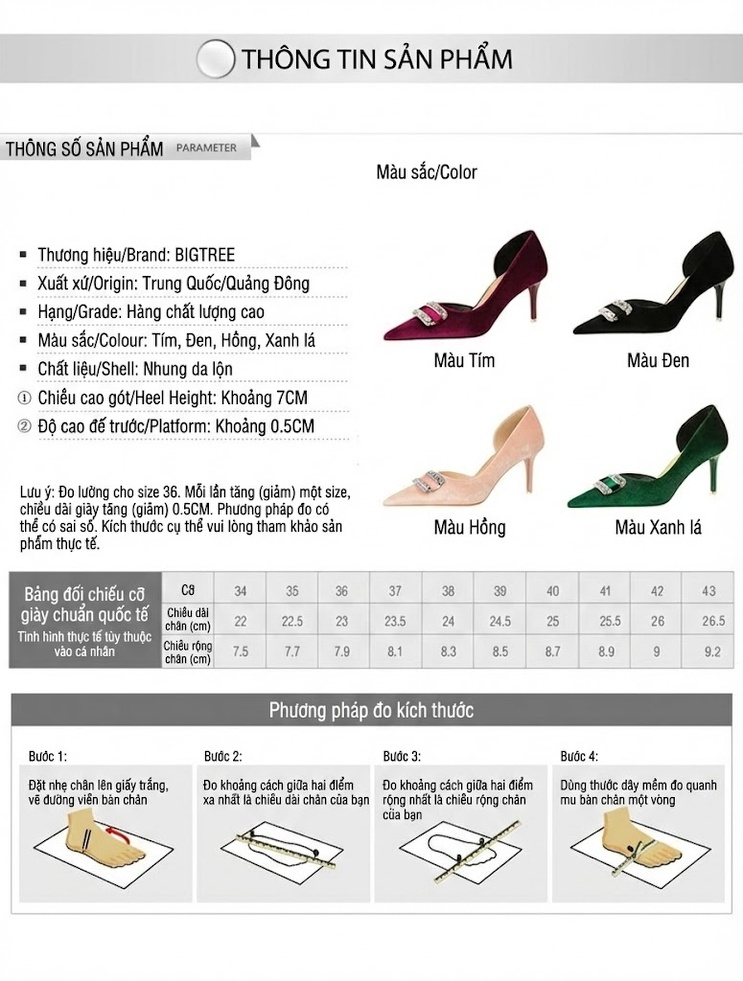 Giày Cao Gót Nữ Nỉ Mũi Nhọn Khoét Hông Đính Đá Chiều Cao Đế Khoảng 6cm Màu Đỏ Rượu Vang, Đen, Xanh Lá, Hồng... chi tiết 1