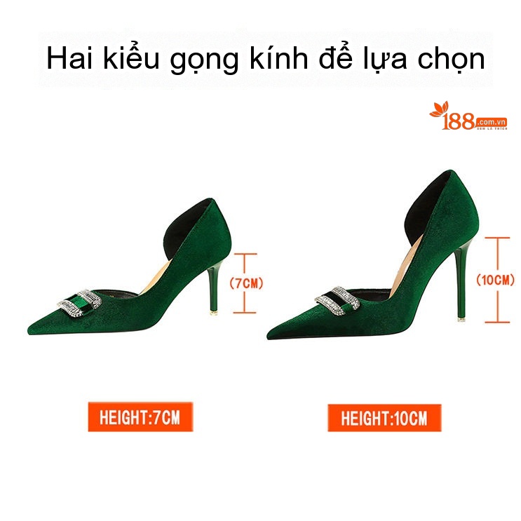 Giày Cao Gót Nữ Nỉ Mũi Nhọn Khoét Hông Đính Đá Chiều Cao Đế Khoảng 6cm Màu Đỏ Rượu Vang, Đen, Xanh Lá, Hồng... chi tiết 2