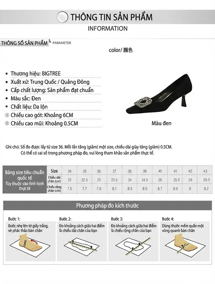 Giày Cao Gót Nữ Nỉ Mũi Vuông Chiều Cao Đế Khoảng 8cm Đính Đá Màu Đen chi tiết 1