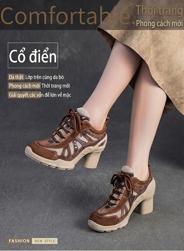 Giày Cao Gót Nữ Phong Cách Thể Thao Chiều Cao Đế Khoảng 7cm Màu Nâu, Be, Xanh, Tím chi tiết 1