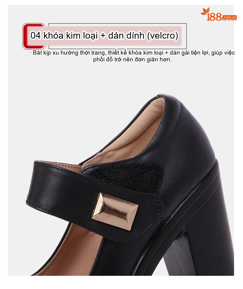 Giày Cao Gót Nữ Quai Dán Da Bóng Chiều Cao Đế Khoảng 10cm Màu Đen, Trắng chi tiết 8