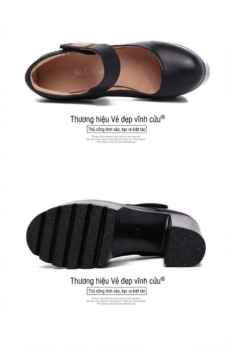 Giày Cao Gót Nữ Quai Dán Da Bóng Chiều Cao Đế Khoảng 10cm Màu Đen, Trắng chi tiết 16