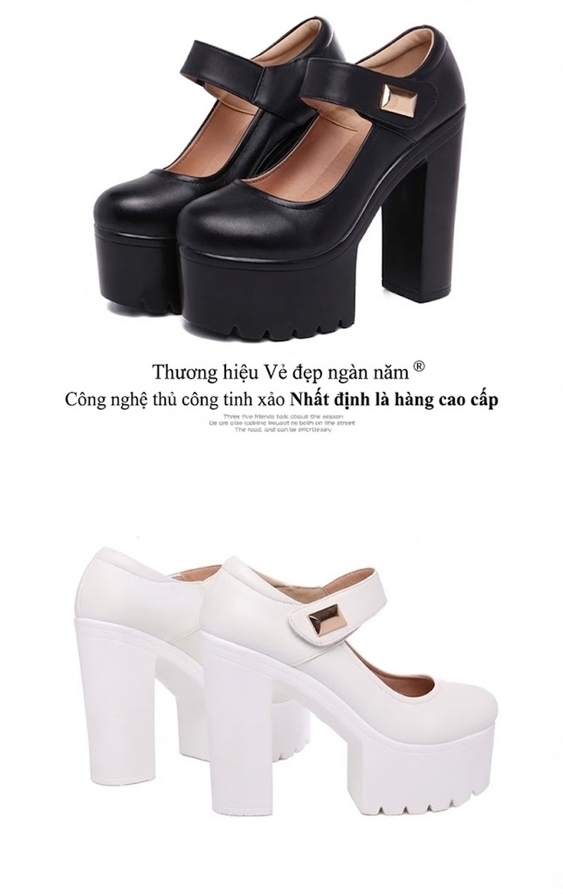 Giày Cao Gót Nữ Quai Dán Da Bóng Chiều Cao Đế Khoảng 10cm Màu Đen, Trắng chi tiết 17