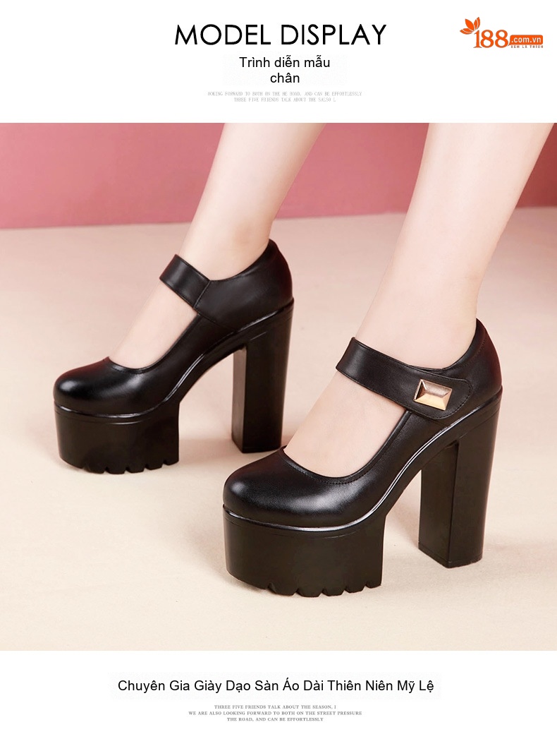 Giày Cao Gót Nữ Quai Dán Da Bóng Chiều Cao Đế Khoảng 10cm Màu Đen, Trắng chi tiết 9