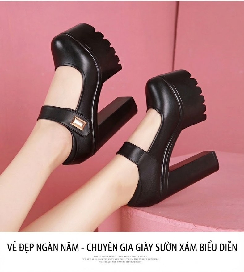 Giày Cao Gót Nữ Quai Dán Da Bóng Chiều Cao Đế Khoảng 10cm Màu Đen, Trắng chi tiết 11